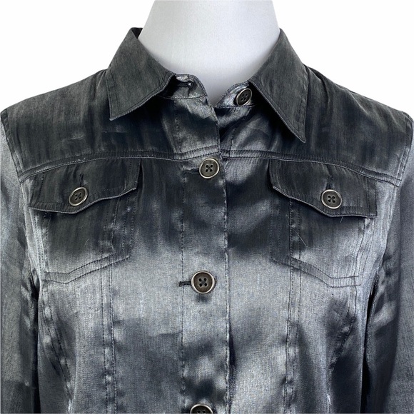 Ruby Rd. Metallic Button Down Shirt Women's 12 Gray Shiny 3/4 Sleeve Button Cuff - Picture 4 of 9